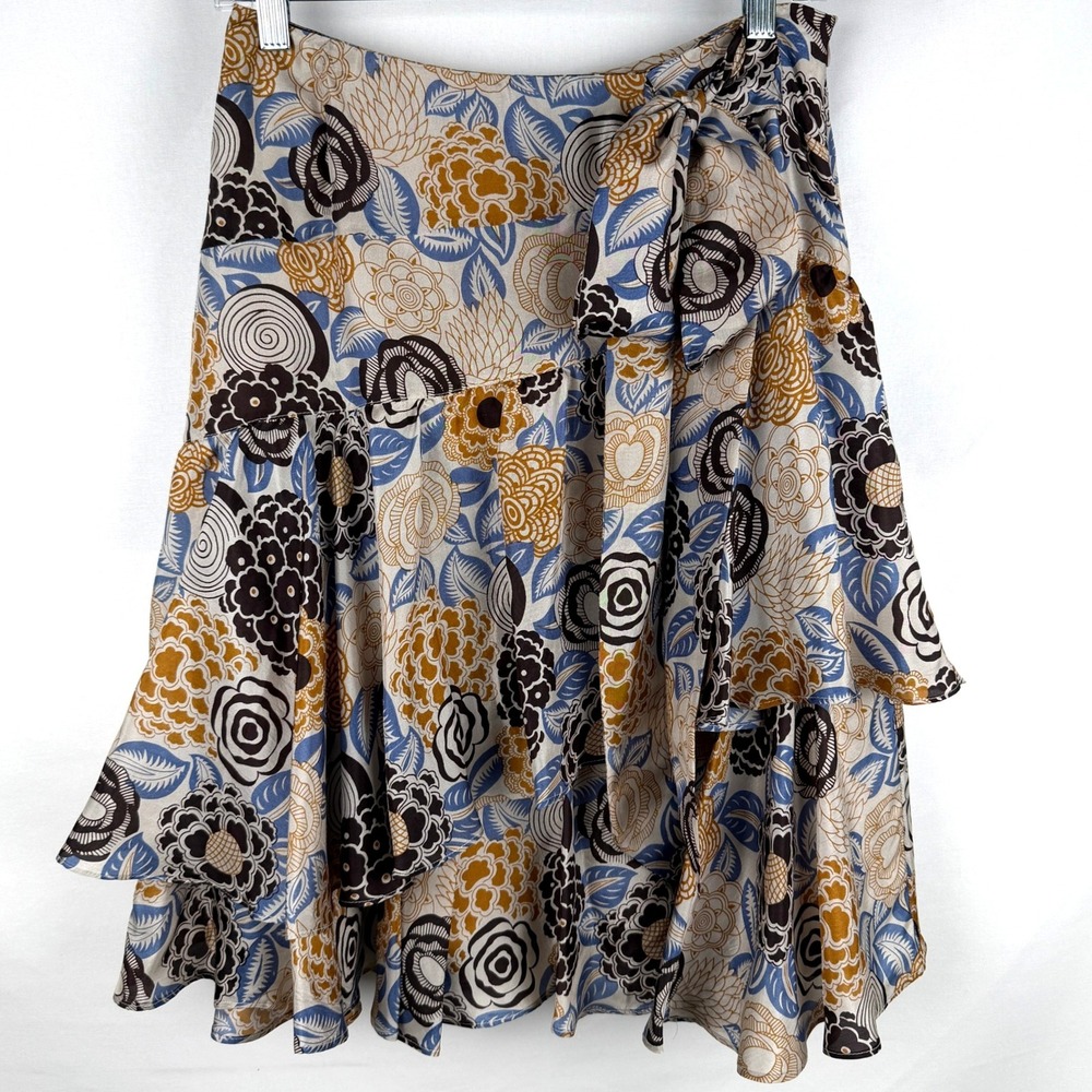 Vintage Betty Jackson Retro Floral Silk Tiered Ruffle Skirt Boho 70s Style M